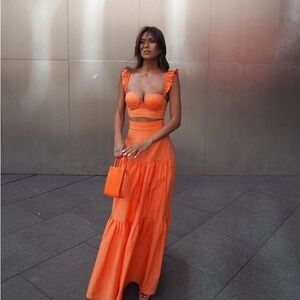 Alamour Orange Cotton Bustier Top & Maxi Skirt Set - Size M